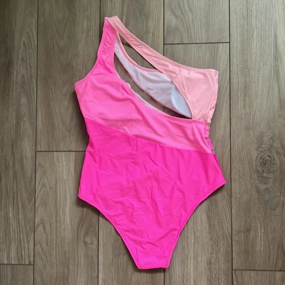 NEW Color Block One Shoulder Mesh Insert One Piece Swimsuit - Picture 3 of 11
